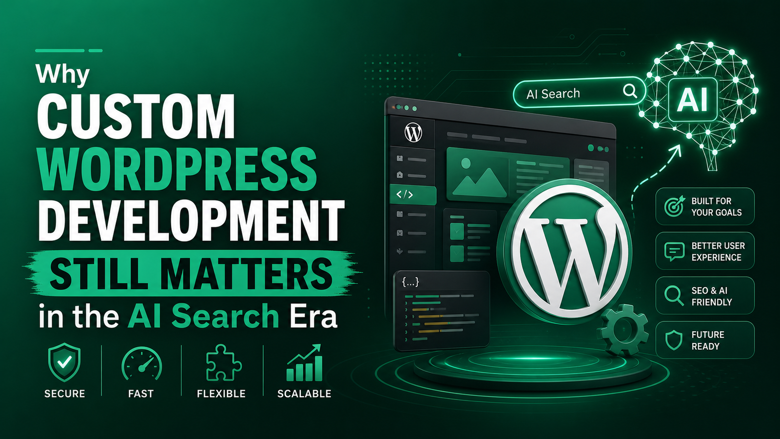 WebClyde custom WordPress development services showcasing bespoke enterprise block architecture and a modern web dashboard interface.