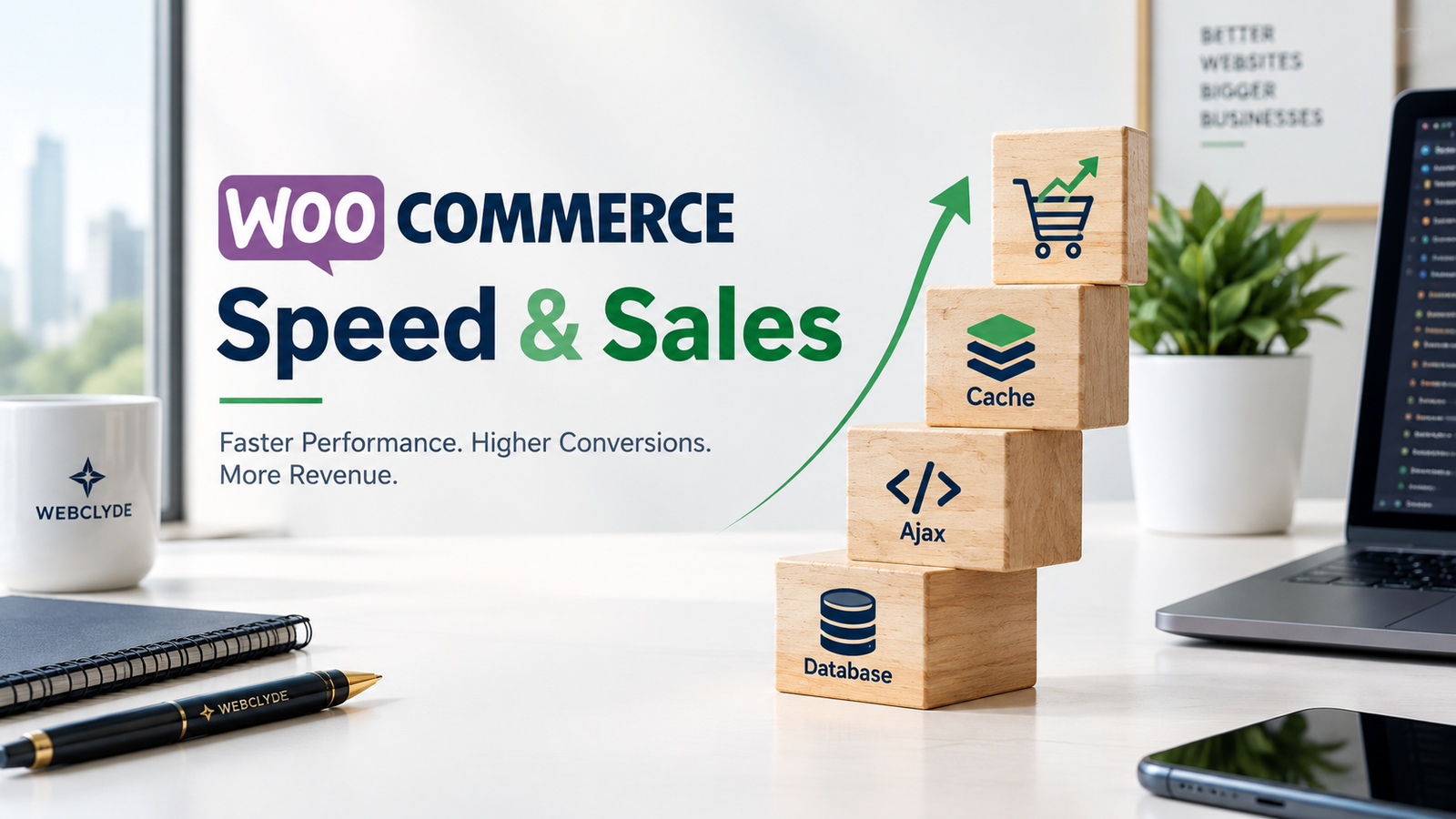 WooCommerce checkout speed optimization illustration showing database, cache, and cart icons